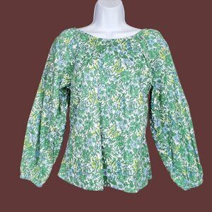 J.Crew Womens Long Sleeve Blue Green Floral Print Poplin Tie Back Top Size 2